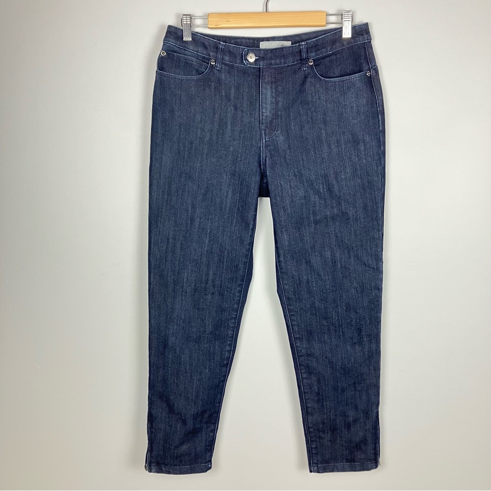 Chico’s Platinum Dark Wash Jeans 0.5 Ankle Zip Slim Straight Denim